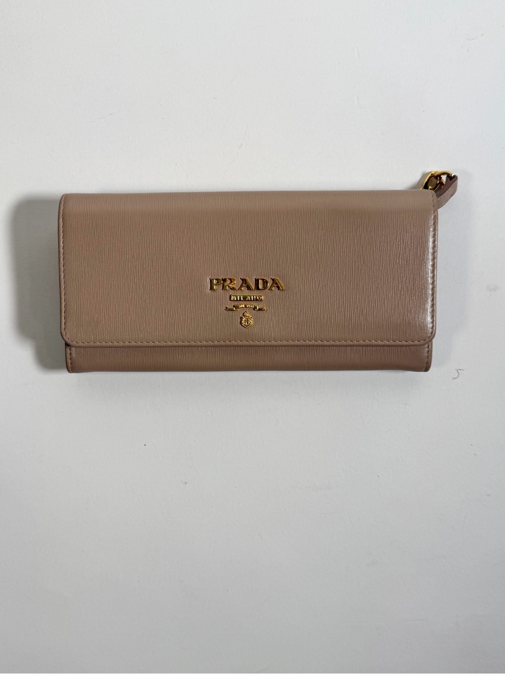 Prada Taupe Saffiano Leather Continental Wallet with Gold Logo